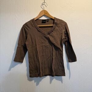 vintage 2000s boxy brown tribal 3/4 sleeve shirt